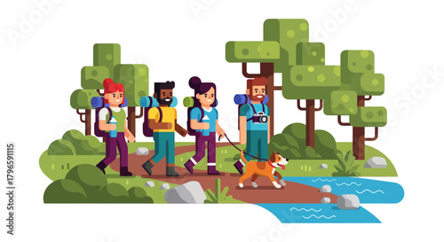 Group Of Adventurers Hiking Together Along Forest Trail With Dog Illustration