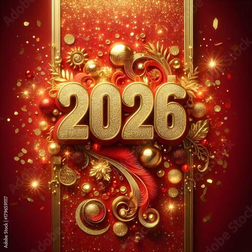 Happy New Year 2026. Vertical holiday web banner with Golden sparkling number 2026 on red Festive background. Creative Beautiful New Year billboard