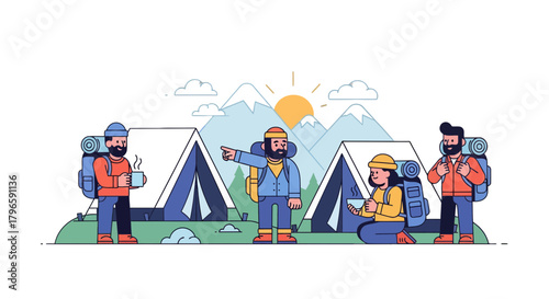 Group Of Adventurers In Mountain Camping Illustrated Design With Sun And Tents
