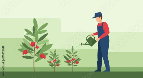 Gardener Watering Pomegranate Trees During Sunny Season in A Vector Style Illustration