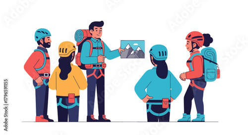 Group Of Adventurers Planning Expedition And Mountain Climb Adventure Illustration