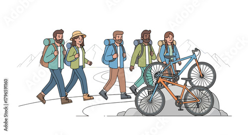 Group Of Adventurers Hiking With Mountain Bikes In A Scenic Mountain Setting