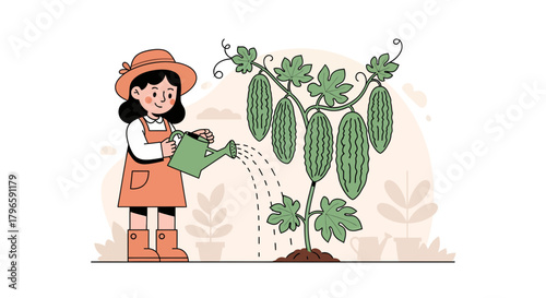 Gardening Bliss: A Young Girl Tends to a Thriving Crop of Vegetables in the Garden