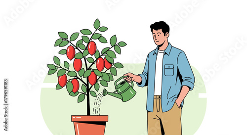 Gardening Man Watering Small Tree With Fruit And Leaves In A Minimalist Illustration Style