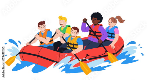 Group Of Adventurers Rafting Through River Rapids Under Clear Skies Demonstrating Teamwork Skills