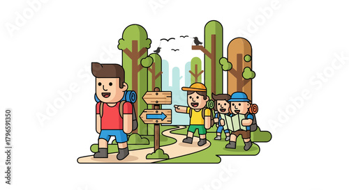 Group Of Adventurous People Hiking With Backpacks In The Wilderness Seeking New Journeys