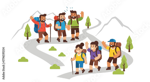 Group Of Adventurers Traverse A Mountainous Landscape In A Vector Illustration Style