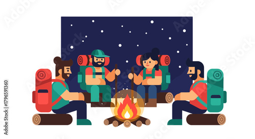 Group Of Adventurous Campers Gathered Around The Bonfire At Night Under The Starry Sky