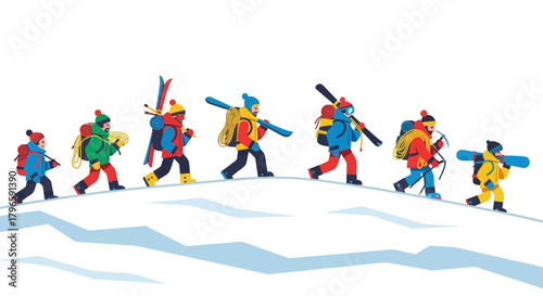 Group Of Adventurers Traverse Snowy Terrain With Equipment Against A Dark Background