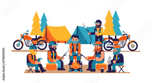 Group Of Bikers Campfire Recreation With Motorcycles And Vibrant Graphic Illustration