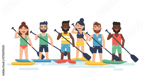 Group Of Diverse Friends Enjoying Paddleboarding Together In The Sunny Weather