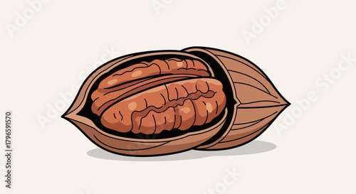 Graphic Illustration Depicting a Detailed Pecan Nut With Its Inner Meat Exposed