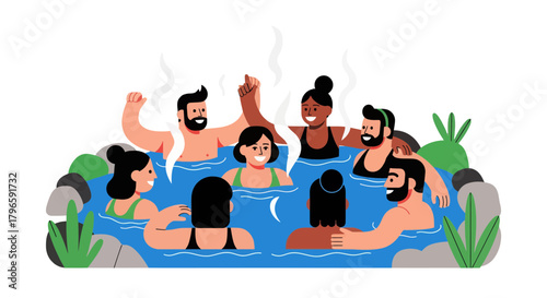 Group Of Diverse People Relaxing And Enjoying A Day In A Relaxing Hot Spring