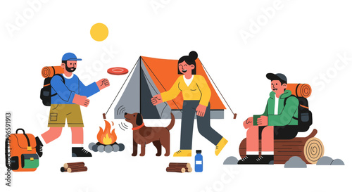 Group Camping Adventure: Friends, Dog, Campfire, And Evening Fun Under A Clear Sky