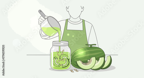 Green Drink Illustration: A Person Crafting Refreshing Beverage With Melon and Ingredients