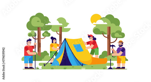Group Of Friends Constructing A Tent In A Forest For A Camping Adventure Together