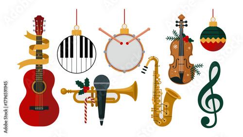Musical Christmas: Festive musical instrument ornaments, each a symbol of holiday cheer and harmonious sound. Decorating the holiday spirit with music and ornaments