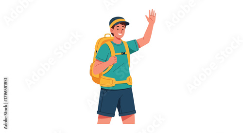 Greeting Adventurer With Backpack And Ready For Journey In Digital Illustration Style