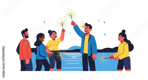 Group Celebrating Outdoors At Night Burning Sparklers With Joyful Festivities