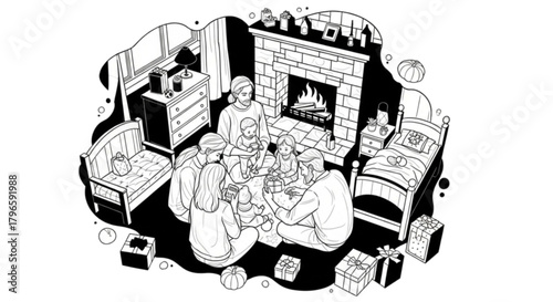 A loving family gathered together for a cozy evening at home illustration.