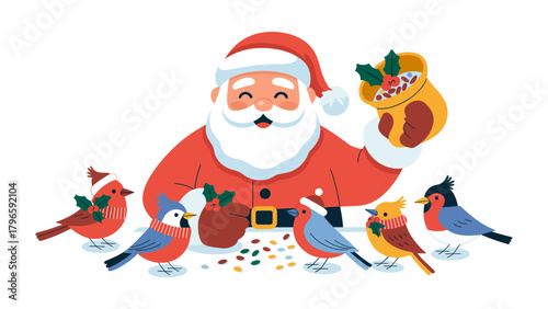 Santa's Holiday Feast: A jolly Santa Claus, encircled by cheerful birds, sprinkles festive treats, creating a heartwarming scene of generosity and holiday spirit.