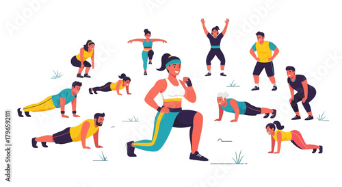 Group Fitness Workout Illustration Featuring Diverse People Exercising Outdoors Together