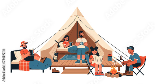 Group Of Friends Enjoying Camping Adventure At Night With Campfire Under Tent