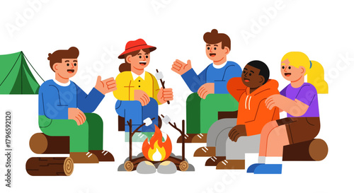 Group Of Friends Enjoying Camping And Roasting Marshmallows Around A Campfire Together