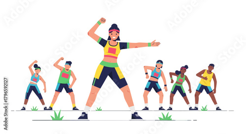 Group Fitness Workout Instructor Directing Energetic Exercises on Black Background