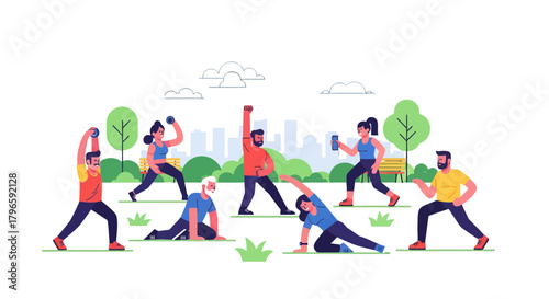 Group Fitness Workout In Park With People Doing Exercises Illustration