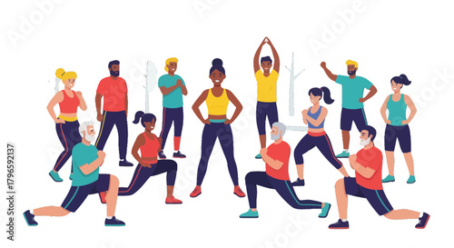 Group Fitness Workout Illustration Depicting Exercise, Health, and Wellbeing Activities