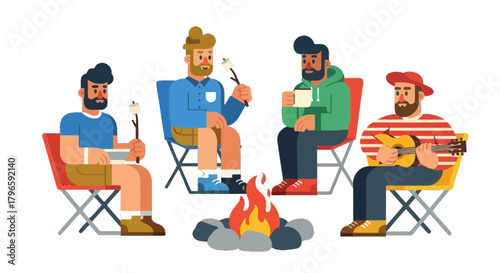 Group Of Friends Enjoying Camping Around A Campfire Playing Guitar And Roasting Marshmallows