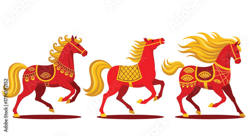 Three stylized red horses with golden manes and tails in motion.