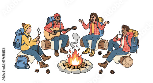 Group Of Friends Enjoying Camping Around A Campfire Under The Stars