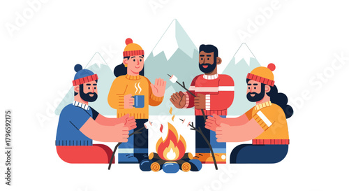 Group Of Friends Enjoying Camping Around A Camp Fire Sharing Good Moments Together