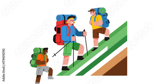 Group Of Adventurers Ascending Hillside, Hiking With Backpacks, Black Background
