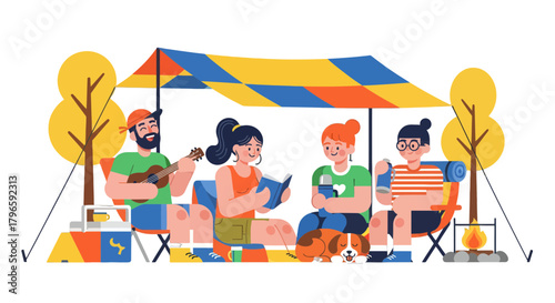 Group Of Friends Enjoying Camping With Guitar Music Dog Together Under Tent With Fire