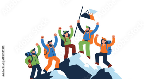 Group Of Adventurers Celebrate Peak Achievement Together After Climbing Up High