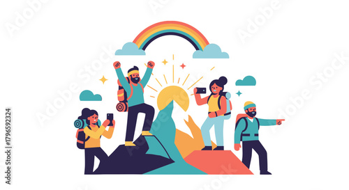 Group Of Adventurers Celebrate Peak Achievement Under A Vibrant Rainbow Sky Illustrative