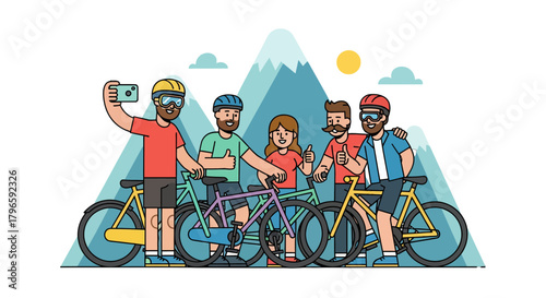 Group Of Friends Enjoying Cycling Adventures Together In Front Of Mountains
