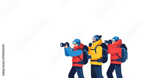 Group Of Adventurers Capturing Moments During Their Expedition Against Pure Black Backdrop