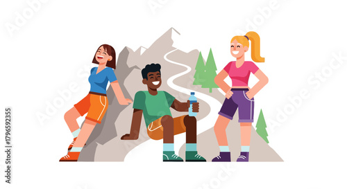 Group Of Friends Enjoying Hiking Adventure With Joyful Moments On Mountain Trail