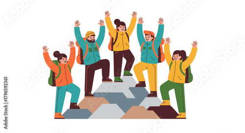 Group Of Adventurers Celebrate Victory Upon Reaching Mountain Summit Together