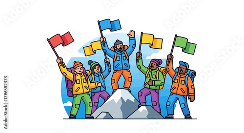 Group Of Adventurers Celebrate Peak Achievement With Colorful Flags On Mountain Top