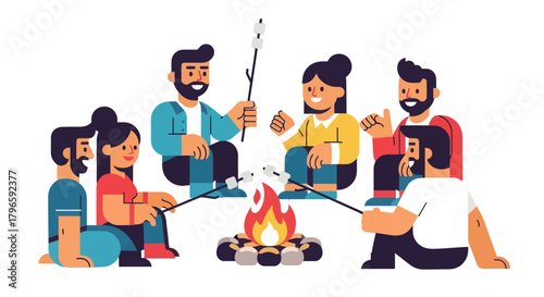 Group Of Friends Enjoying marshmallows roasting in The Evening Around The Bonfire