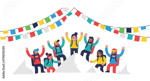 Group Of Adventurers Celebrating Success After Climbing Mountain Under Colorful Festive Flags