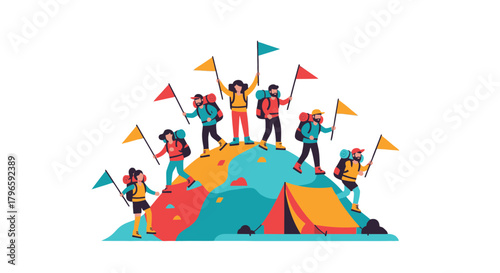 Group Of Adventurers Celebrate Victory Upon Reaching Mountain Summit With Flags Flying High