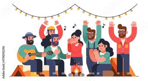 Group Of Friends Enjoying Music And Campfire Under Starry Lights On A Black Background