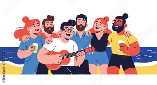 Group Of Friends Enjoying Music On The Beach With Drinks, Happy Moments