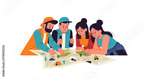 Group of Adventurers Charting Their Journey: A Camping Trip Exploration